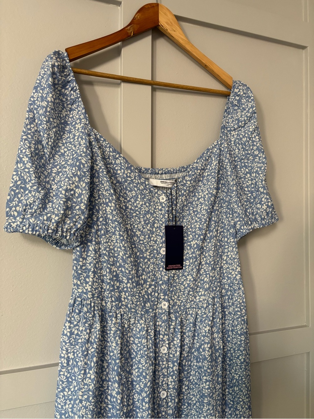 NWT Blue Floral Square-Neck Milkmaid Midi Dress - Picture 3 of 9